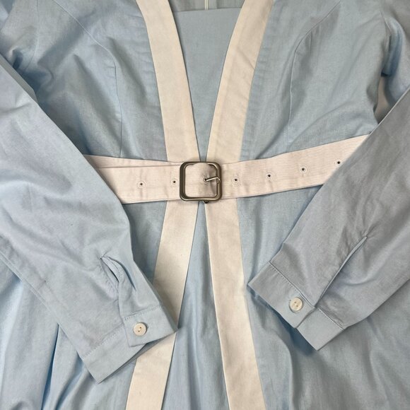 Linen Vibes Midi Linen Dress Long Sleeves Belted French Vintage Sky Blue Med - Picture 9 of 11